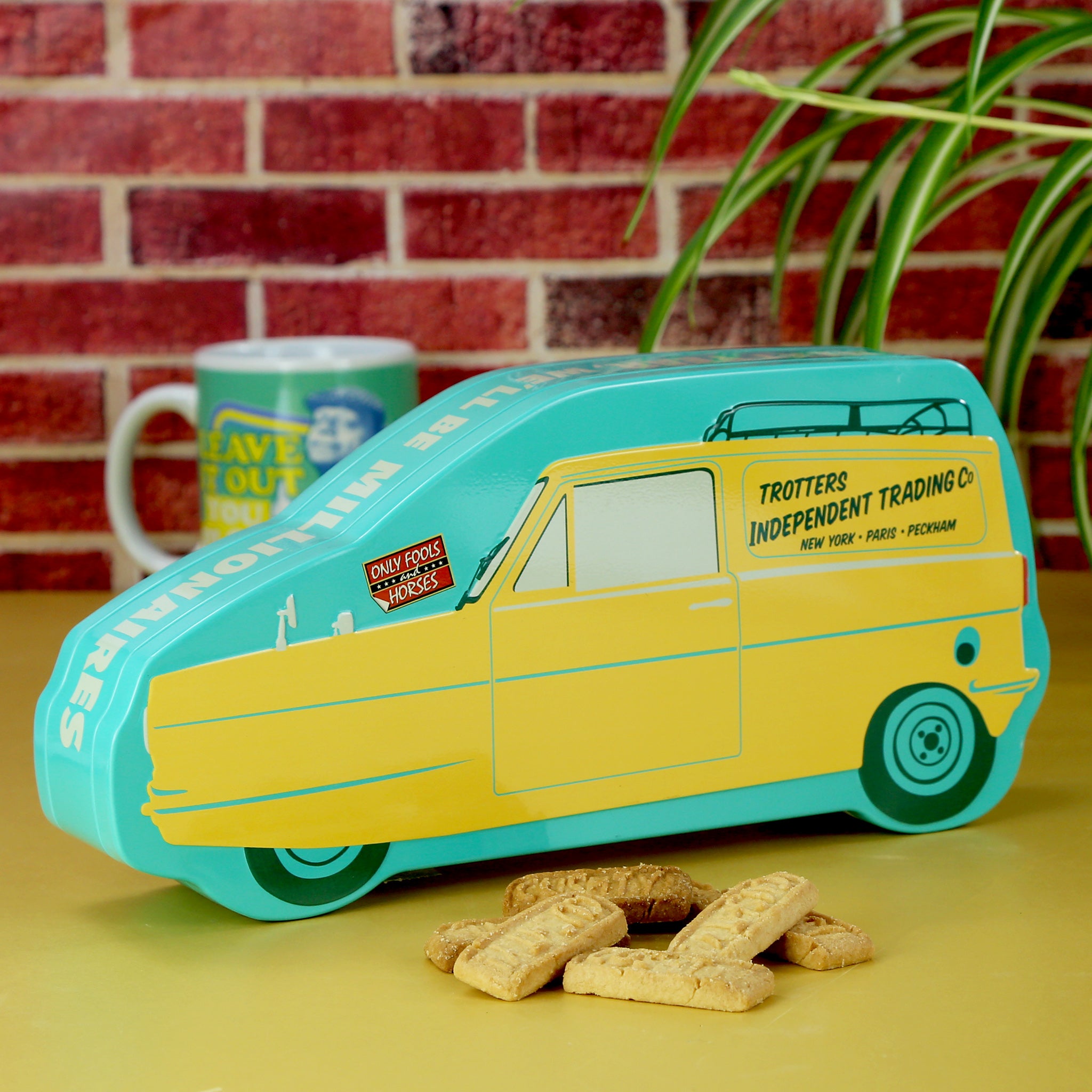 biscuit tin with theme of the only fools and horses van. Embossed cushty biscuits to the front
