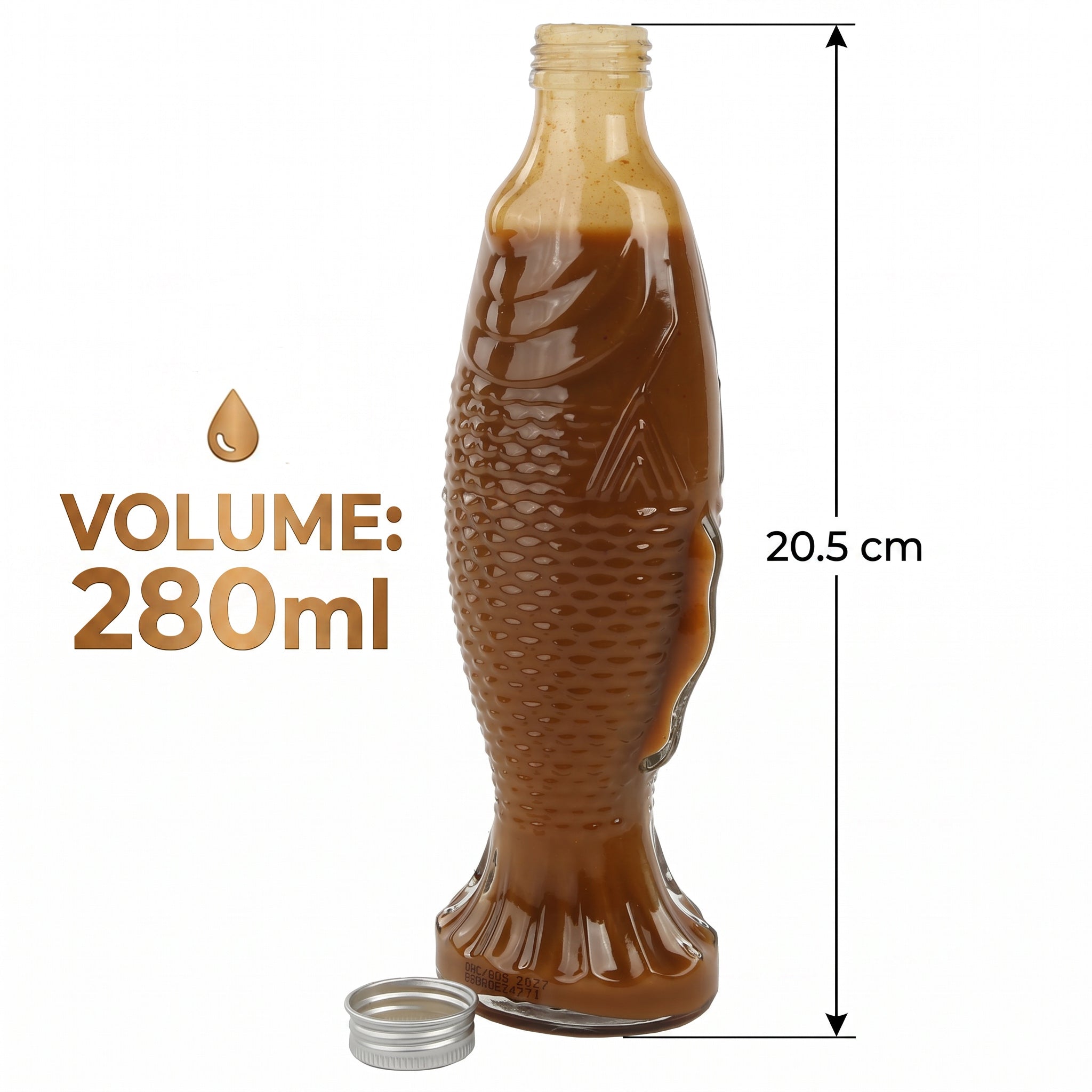 Infographic of Smokin' Hot Catch bottle showing product dimensions and volume: 20.5 cm height and 280ml capacity next to an open metal cap.