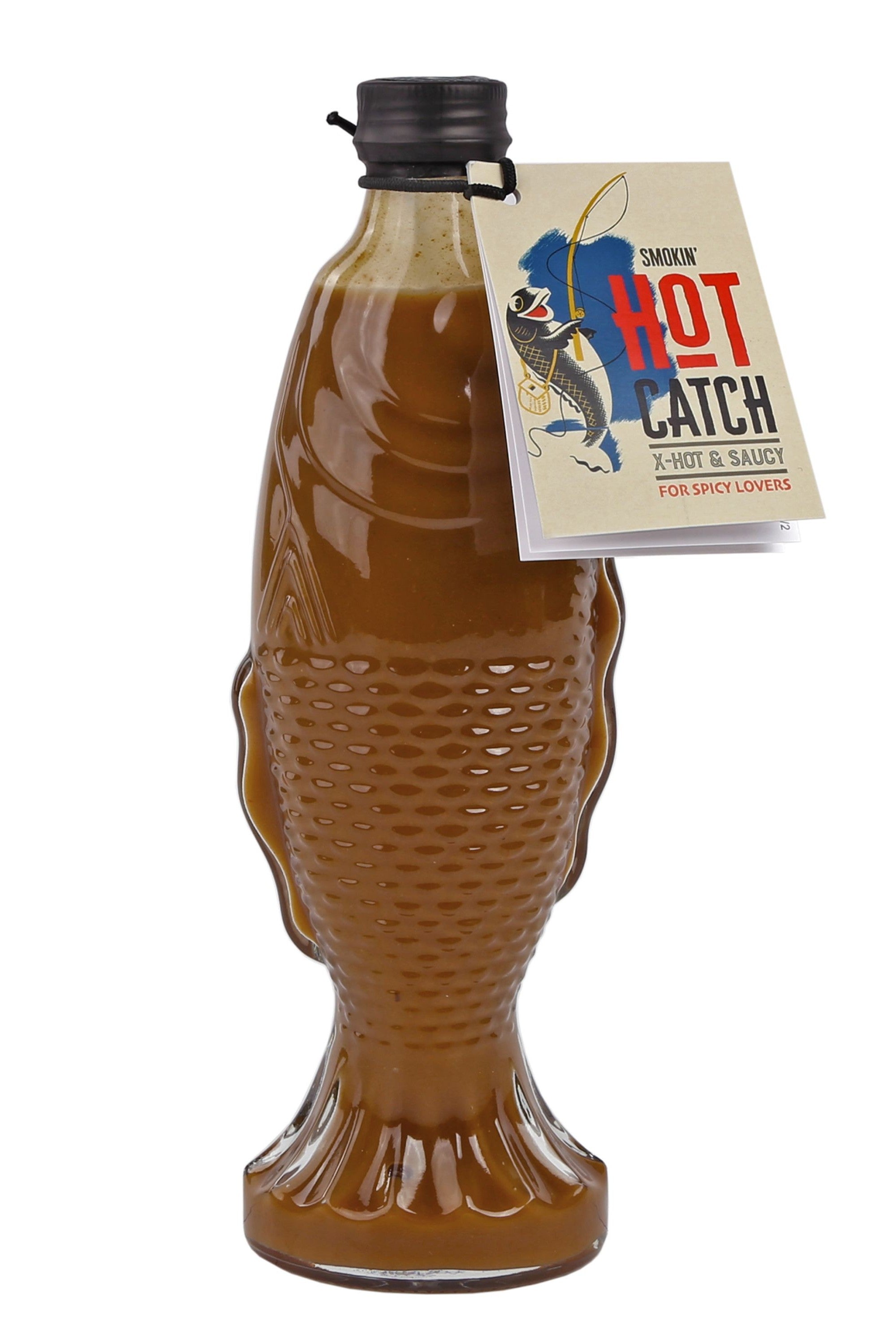 Smokin' Hot Catch X-Hot & Saucy hot sauce in a unique fish-shaped glass bottle with a hanging paper product tag, isolated on white.