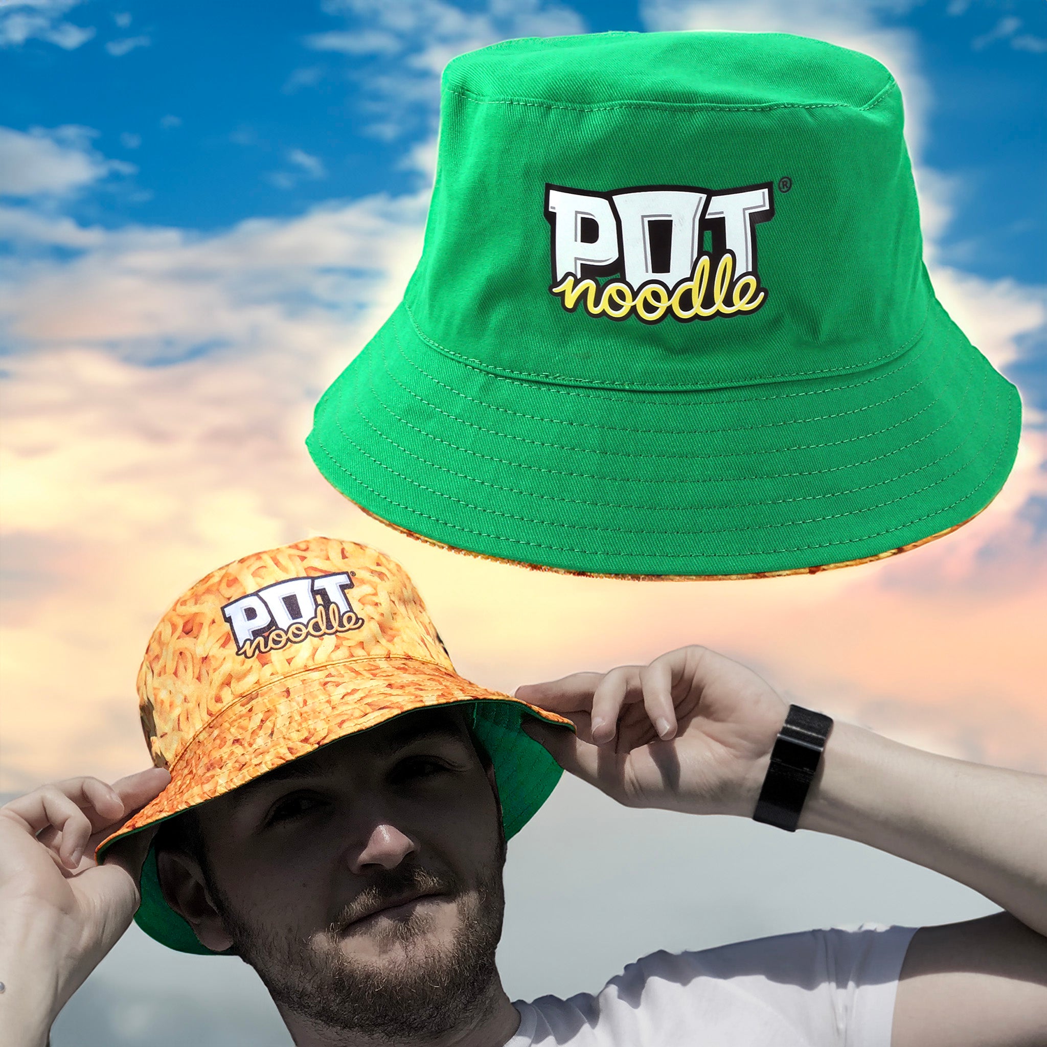 Reversible bucket hat with pot noodle print on one side and logo on the other side