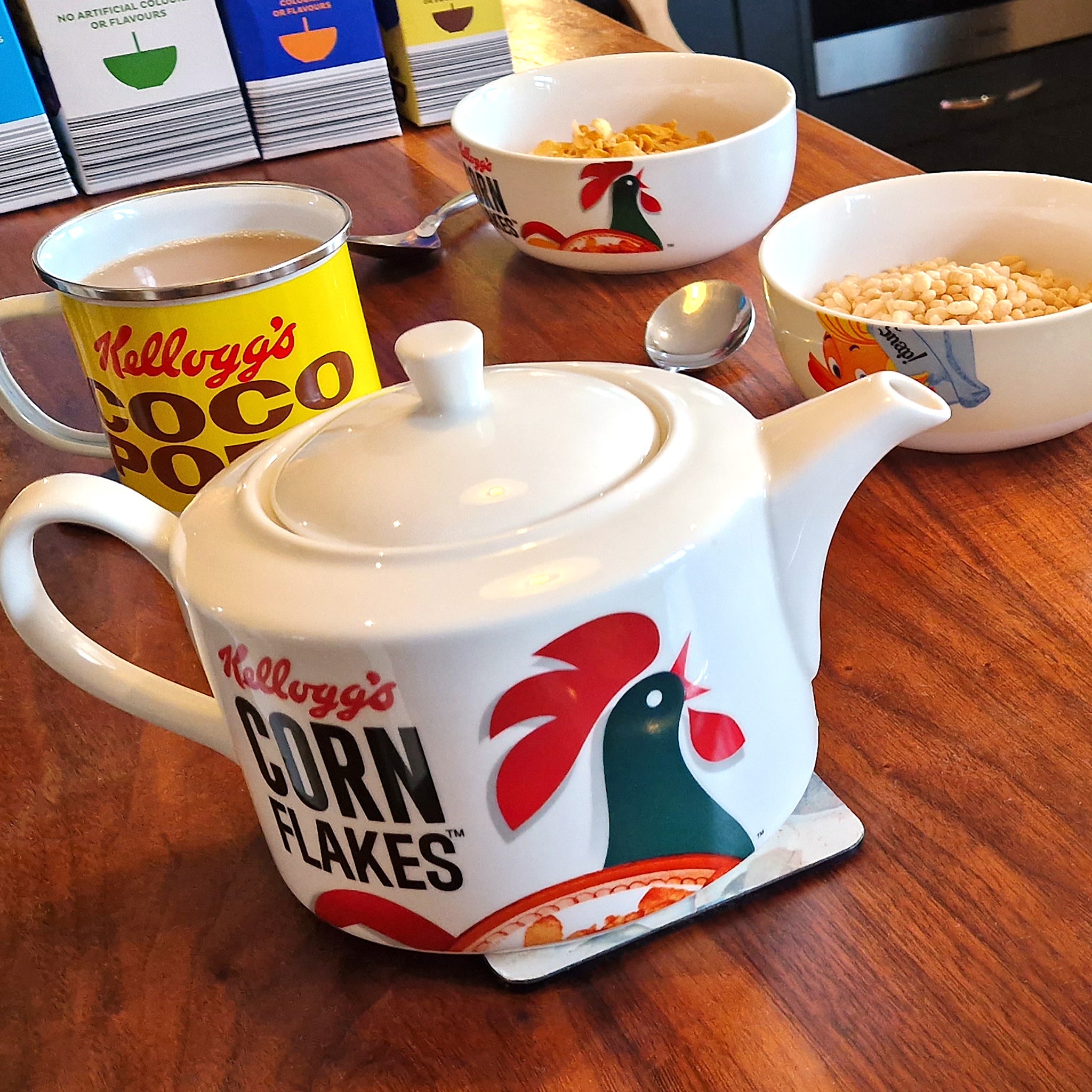 ceramic teapot with Kellogg's Corn flakes retro branding