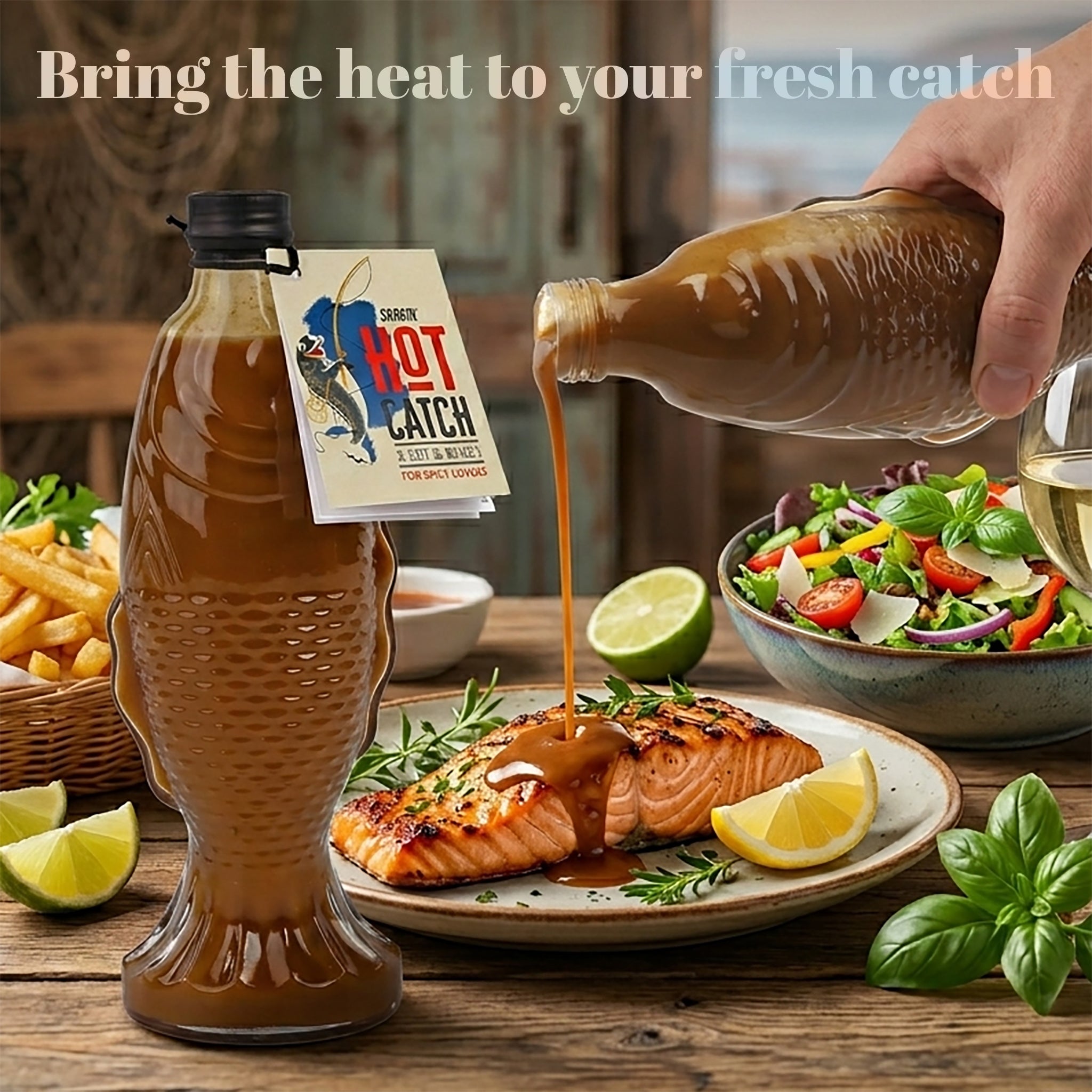 Smokin' Hot Catch hot sauce being poured from a fish-shaped bottle onto a grilled salmon fillet next to a fresh salad. Text: Bring the heat to your fresh catch.