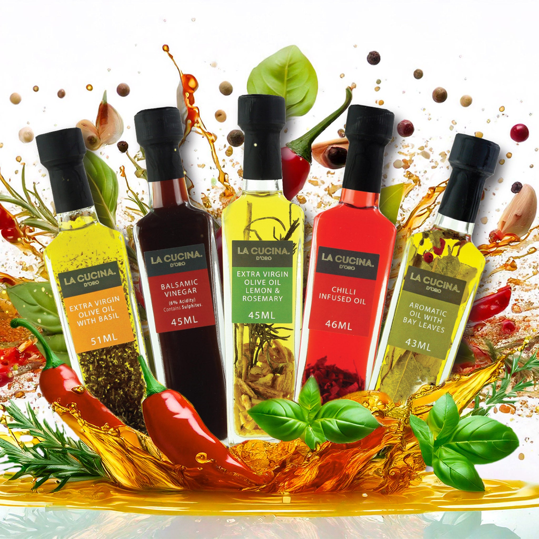 5 bottles of different flavoured cooking oils and balsamic vinegar