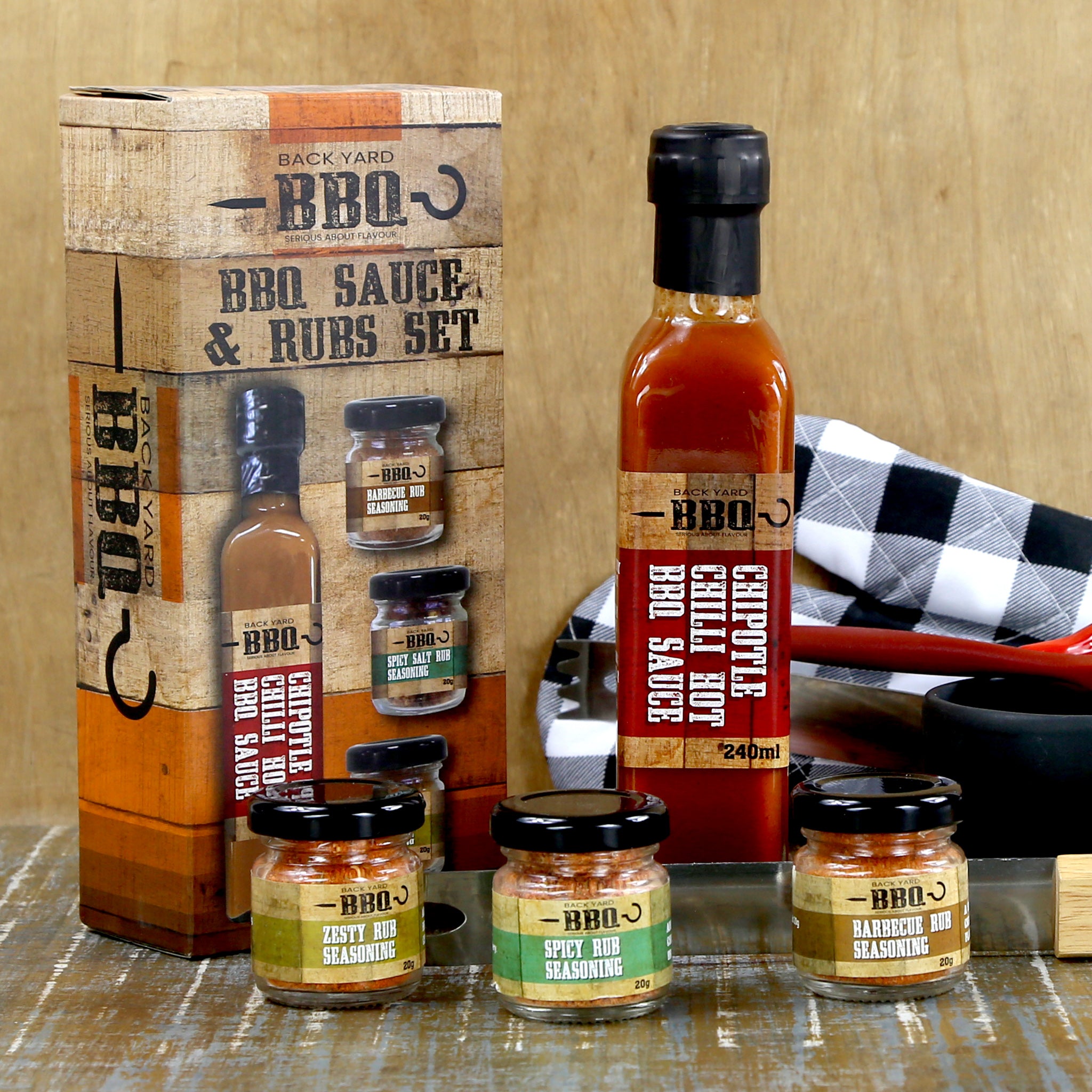 A bbq sauce and rubs trio gift set