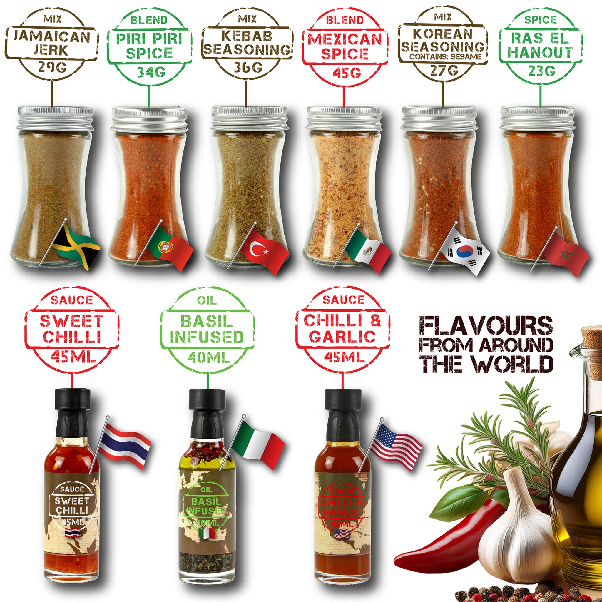 Around the World Seasoning Gift Set with Sauces, Oil, Spice Blends and More