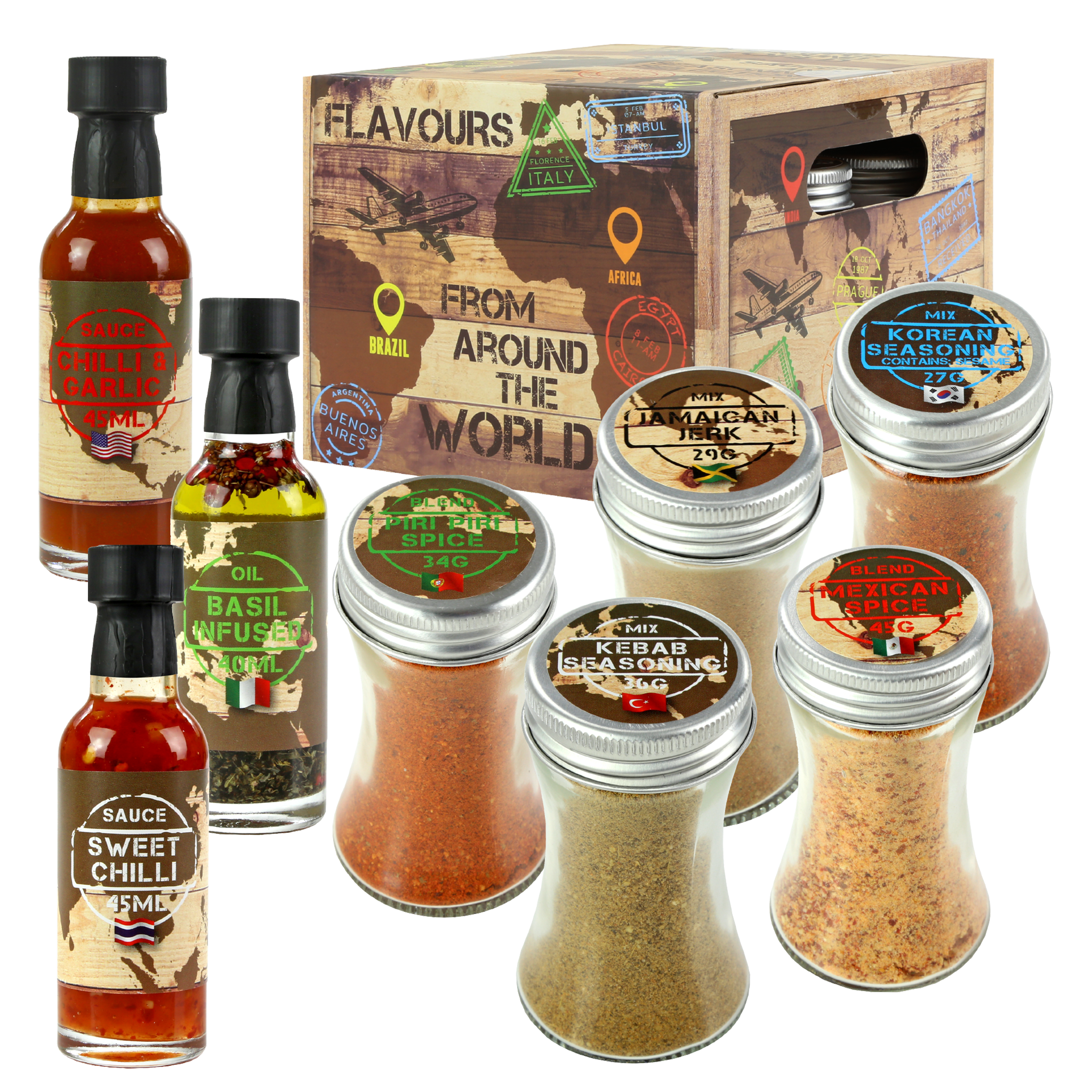 Around the World Seasoning Gift Set with Sauces, Oil, Spice Blends and More