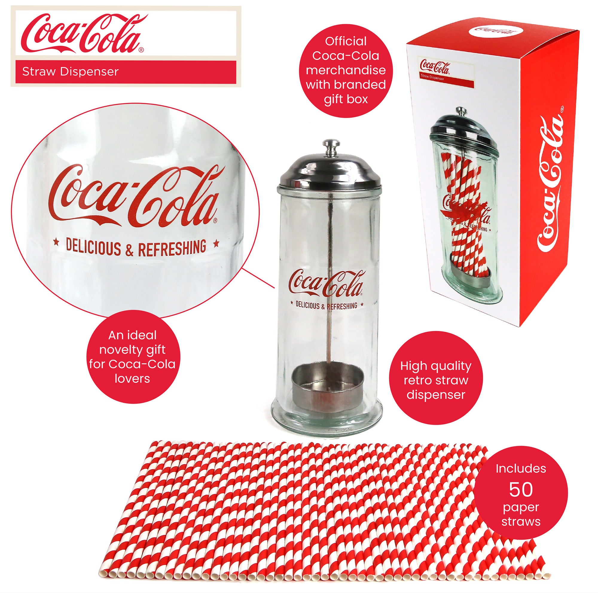 Coca-Cola Retro Glass Straw Dispenser Gift with Paper Straws