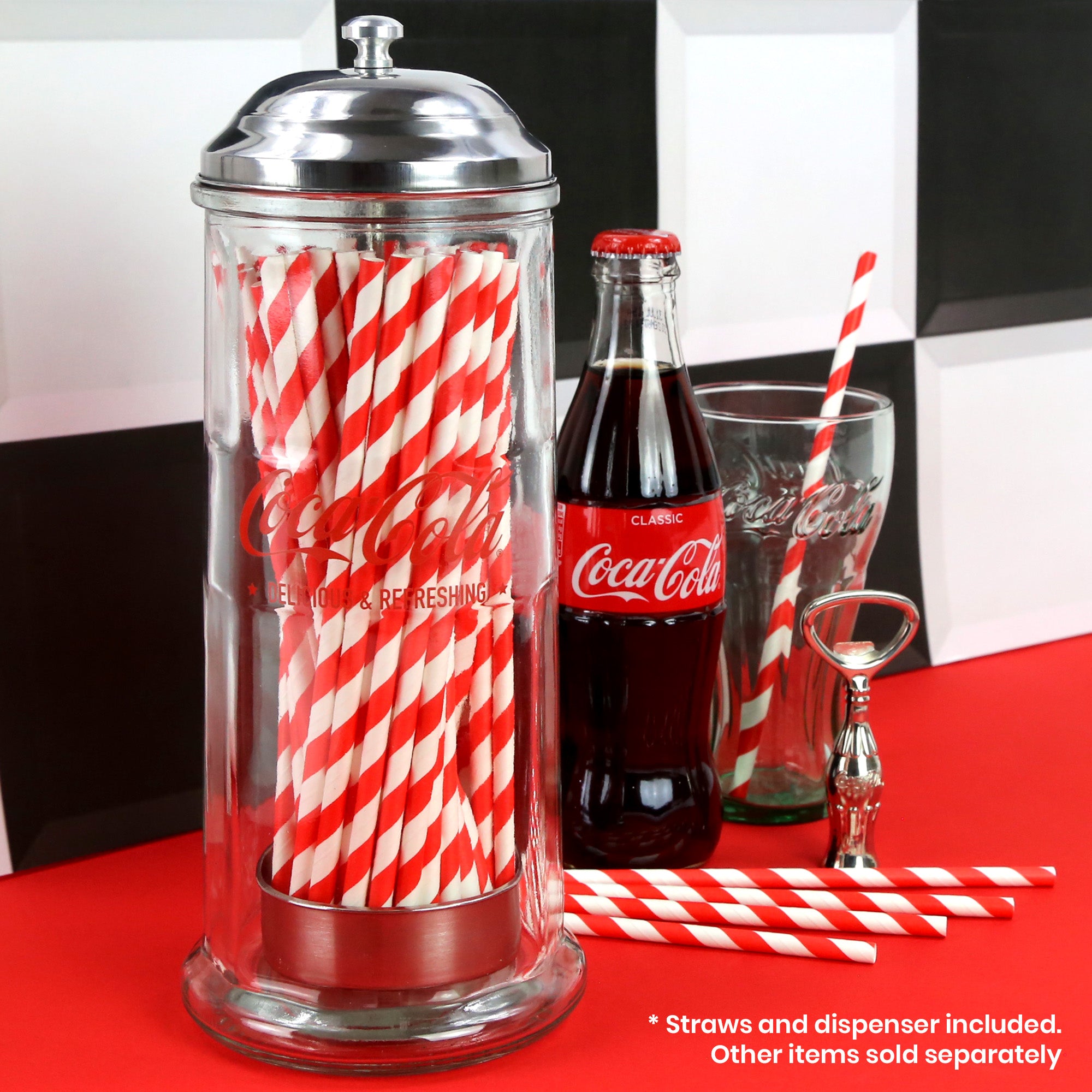 Coca-Cola Retro Glass Straw Dispenser Gift with Paper Straws