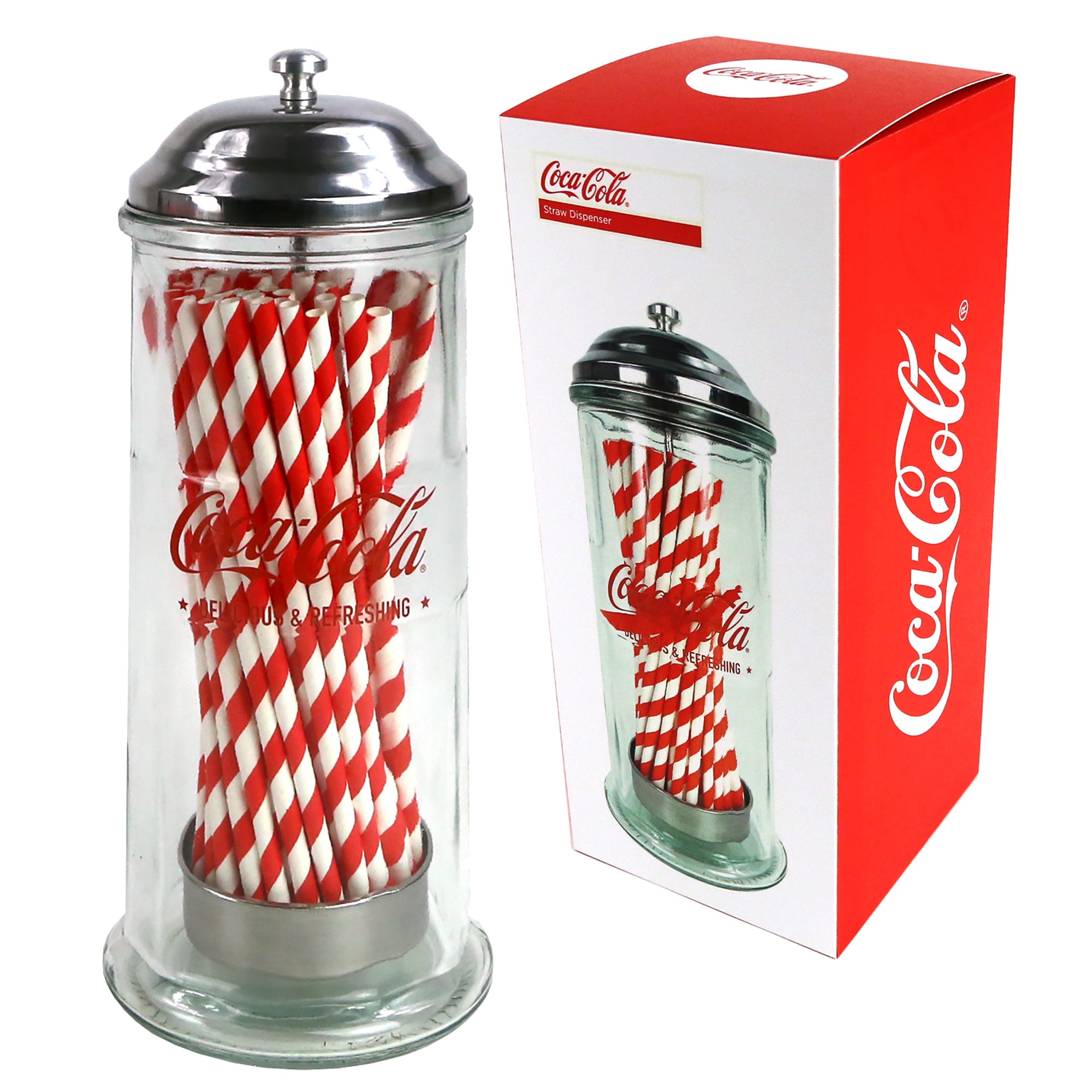 Coca-Cola Retro Glass Straw Dispenser Gift with Paper Straws