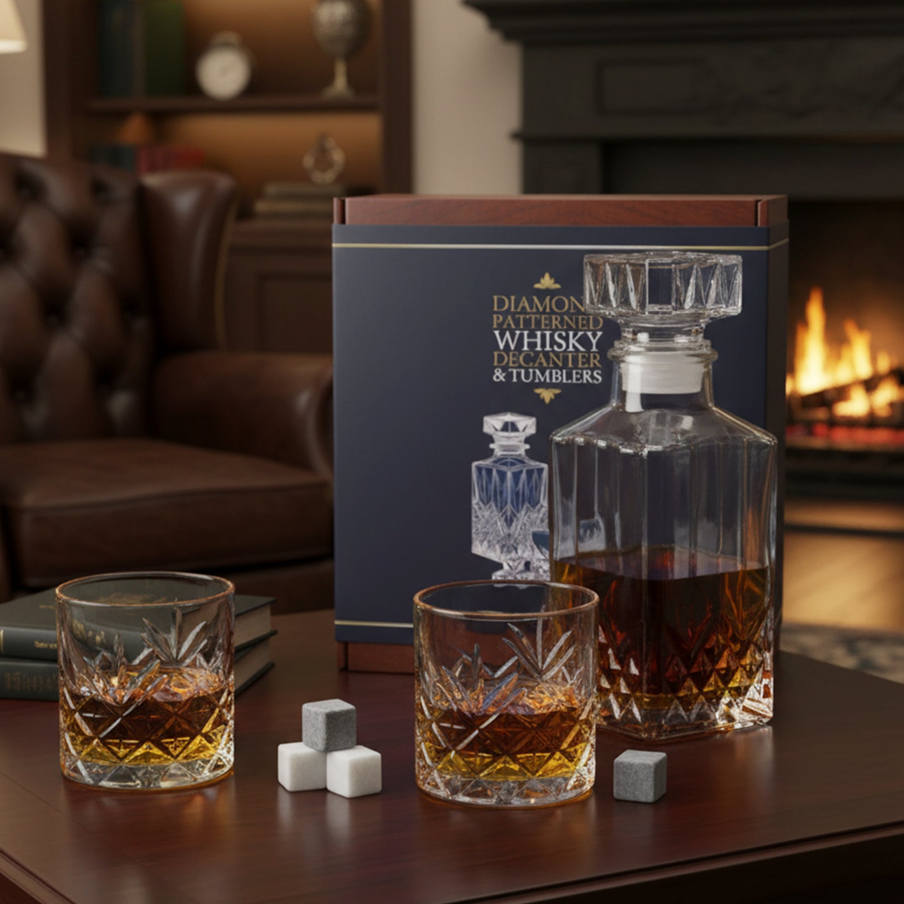Whisky Gift Set with Glass Whisky Decanter, Glasses & Stones