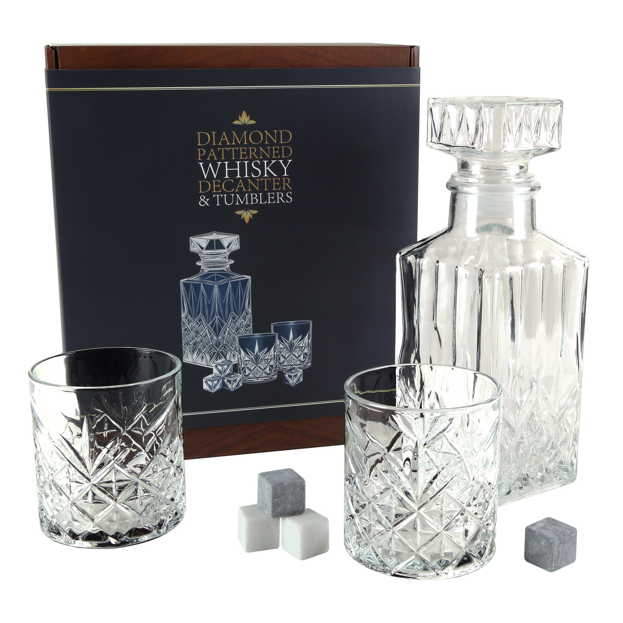 A glass decanter, two glass tumblers and four whisky stones with box packaging